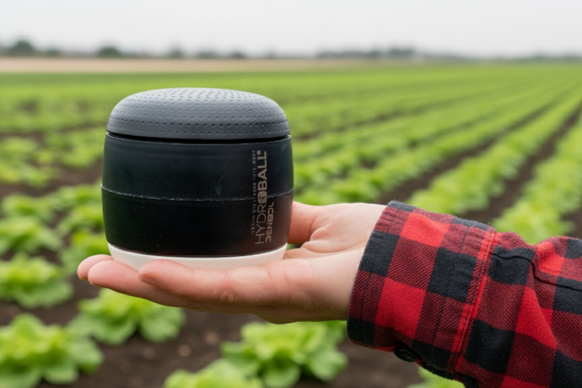 Mano sostiene HYDROBALL en campo agrícola